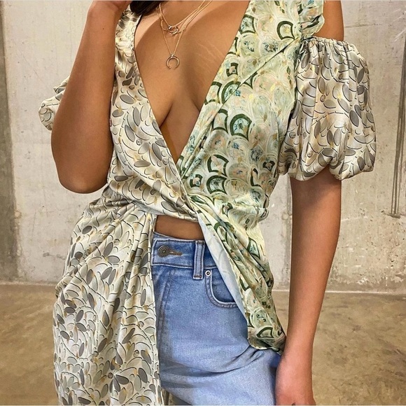 NEVER FULLY DRESSED Satin Puffed Sleeve Cold Shoulder Ruffled Wrap Midi Dress 2 - Picture 8 of 13